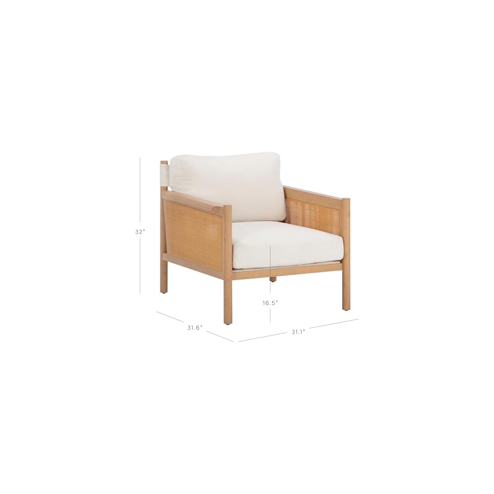 Nathan James Hemming Upholstered Armchair, Solid Wood Accent Chair with Boucle Upholstery and Faux Rattan Arm Inlay, Cream/Raw Oak