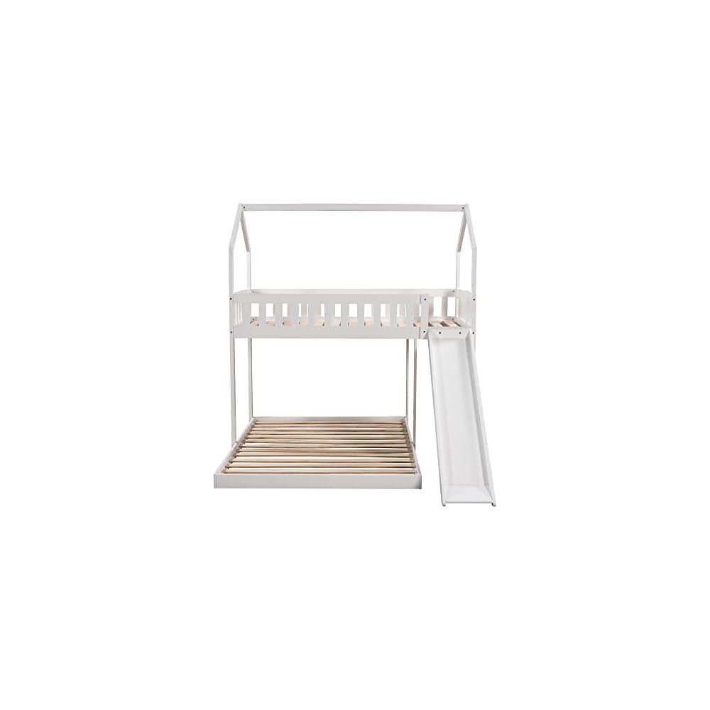 Merax Twin Over Full House Bunk Bed with Slide and Built-in Ladder,Full-Length Guardrail,White