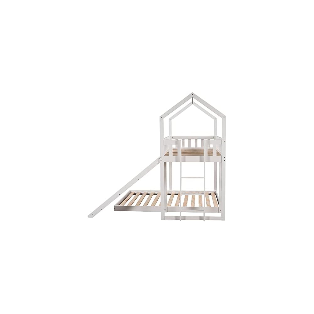 Merax Twin Over Full House Bunk Bed with Slide and Built-in Ladder,Full-Length Guardrail,White