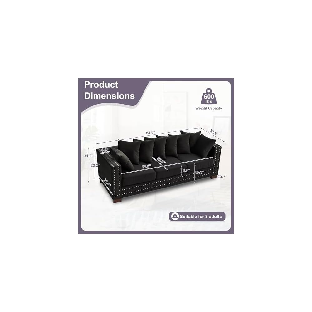 Antetek 3 Seater Couch with Storage, 84.5-inch Chesterfield Mid Century Vintage Velvet Fabric Deep Seat Comfy Sofa Couch with 8 Throw Pillows, Nailhead Trim for Living Room Bedroom Office, Black