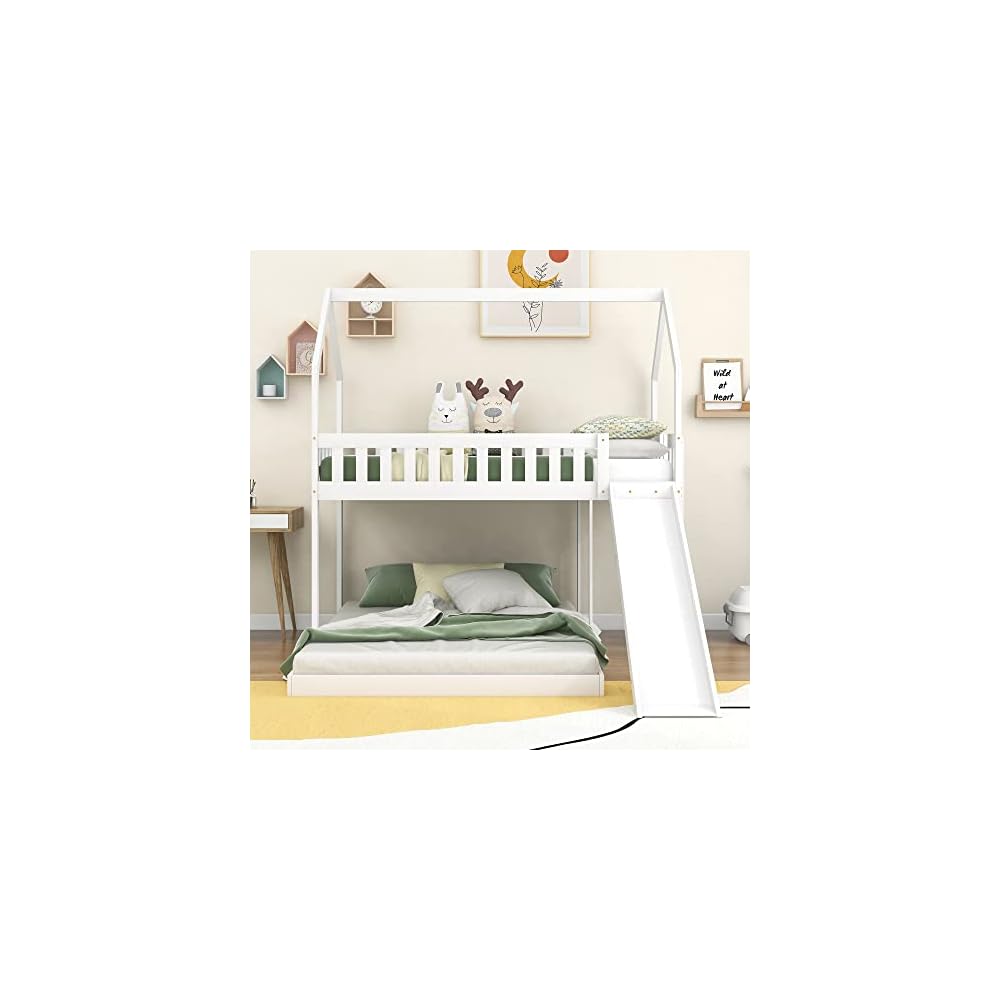 Merax Twin Over Full House Bunk Bed with Slide and Built-in Ladder,Full-Length Guardrail,White