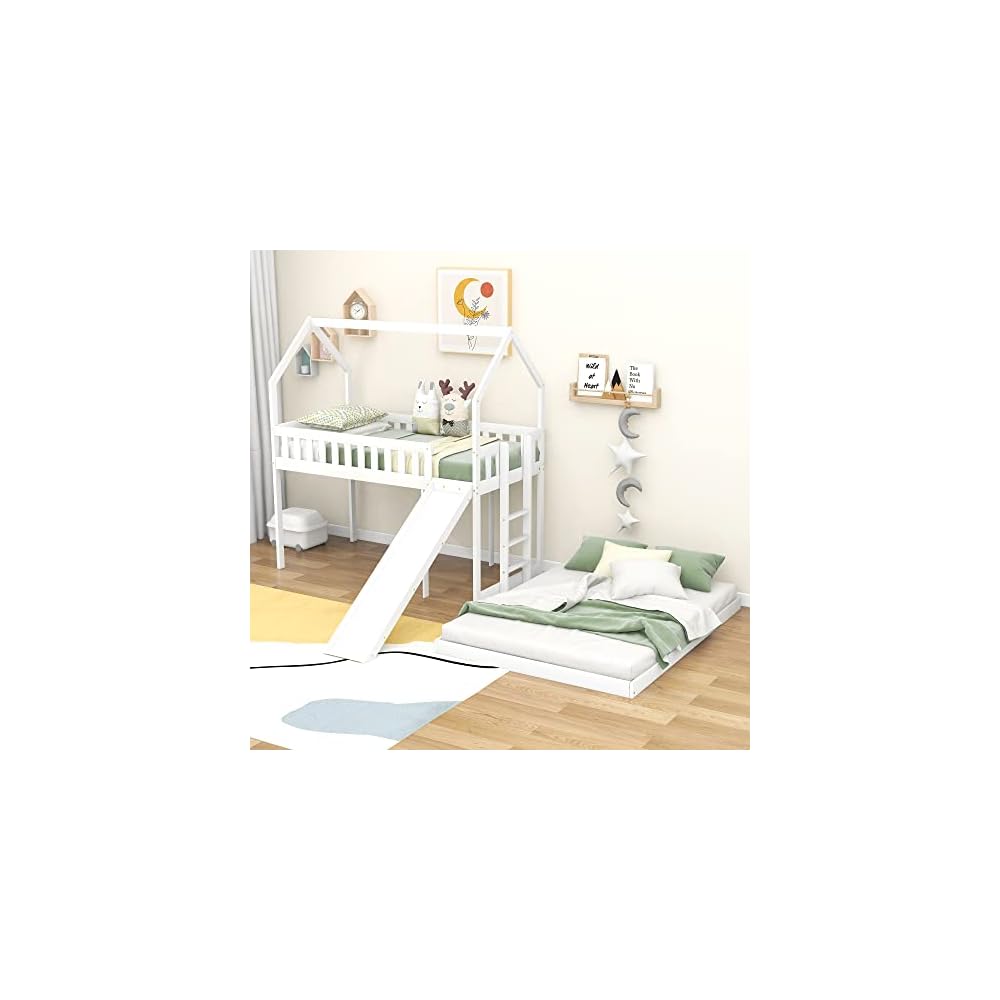 Merax Twin Over Full House Bunk Bed with Slide and Built-in Ladder,Full-Length Guardrail,White