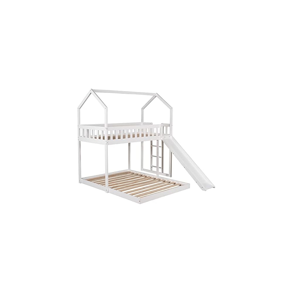 Merax Twin Over Full House Bunk Bed with Slide and Built-in Ladder,Full-Length Guardrail,White