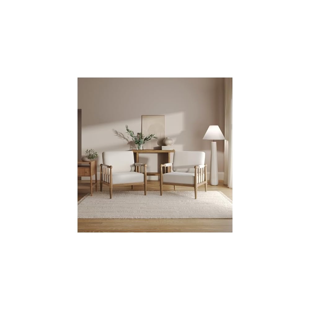 Nathan James Hemming Upholstered Armchair, Solid Wood Accent Chair with Boucle Upholstery and Faux Rattan Arm Inlay, Cream/Raw Oak
