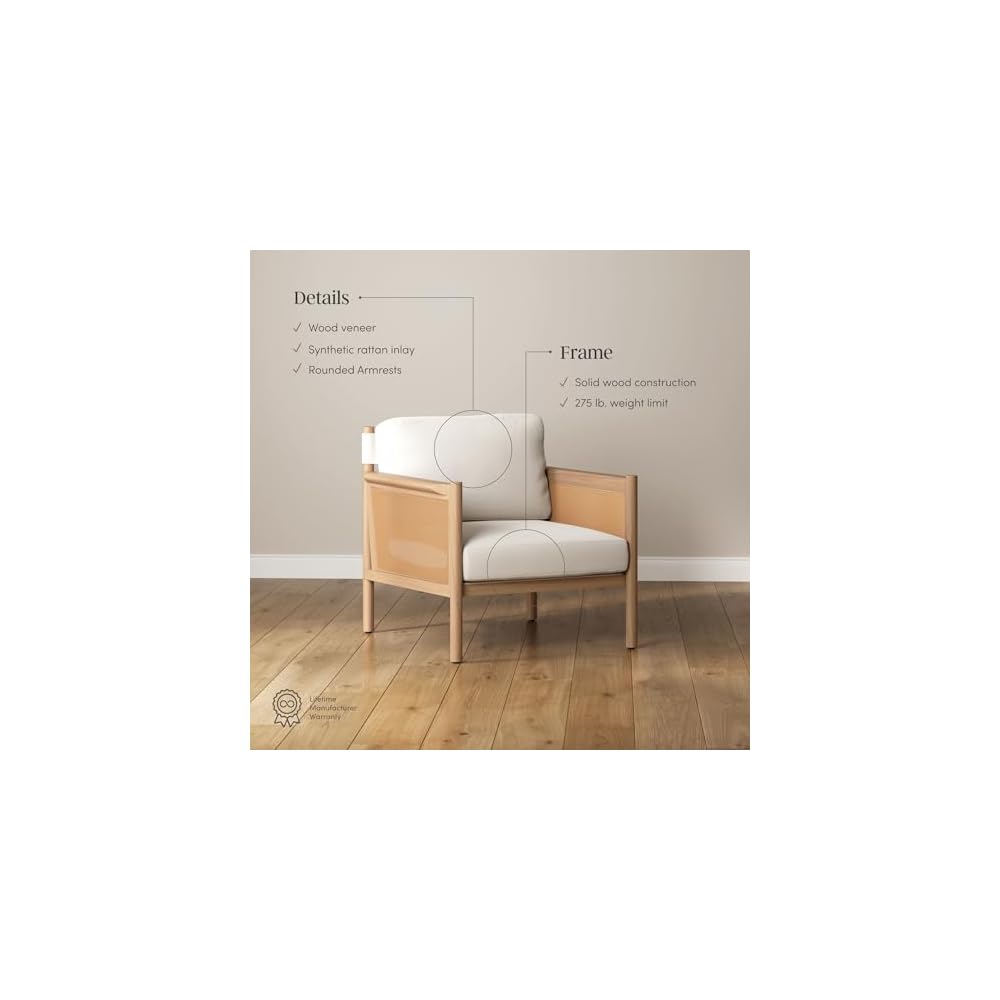 Nathan James Hemming Upholstered Armchair, Solid Wood Accent Chair with Boucle Upholstery and Faux Rattan Arm Inlay, Cream/Raw Oak