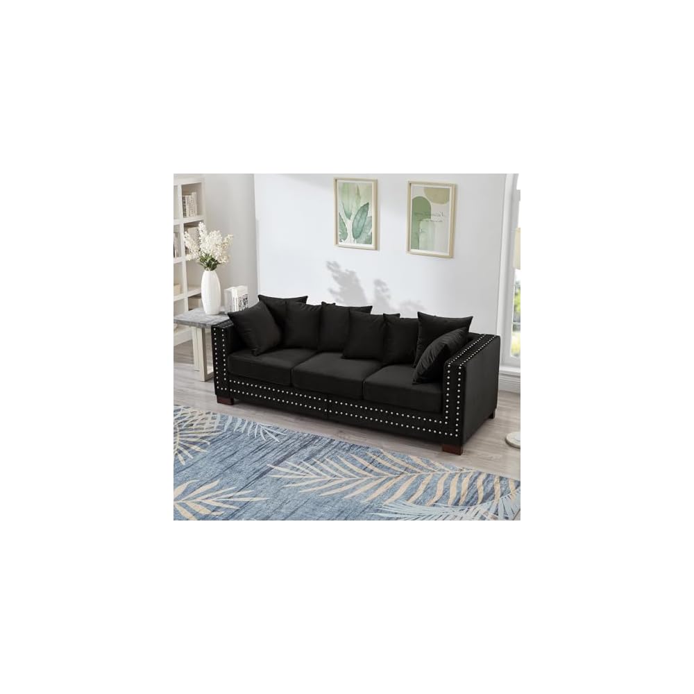 Antetek 3 Seater Couch with Storage, 84.5-inch Chesterfield Mid Century Vintage Velvet Fabric Deep Seat Comfy Sofa Couch with 8 Throw Pillows, Nailhead Trim for Living Room Bedroom Office, Black