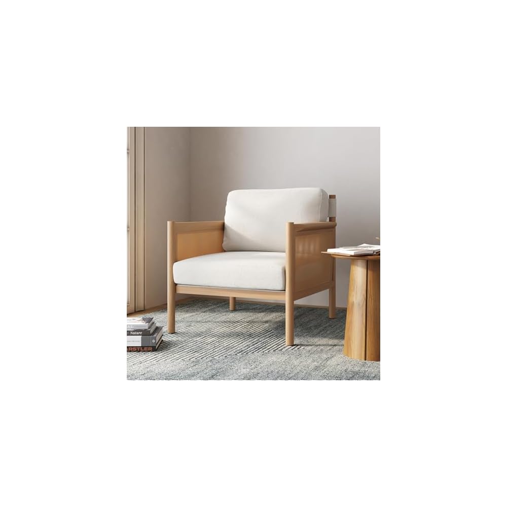 Nathan James Hemming Upholstered Armchair, Solid Wood Accent Chair with Boucle Upholstery and Faux Rattan Arm Inlay, Cream/Raw Oak