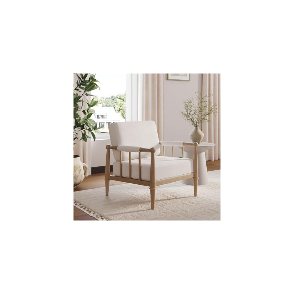 Nathan James Hemming Upholstered Armchair, Solid Wood Accent Chair with Boucle Upholstery and Faux Rattan Arm Inlay, Cream/Raw Oak