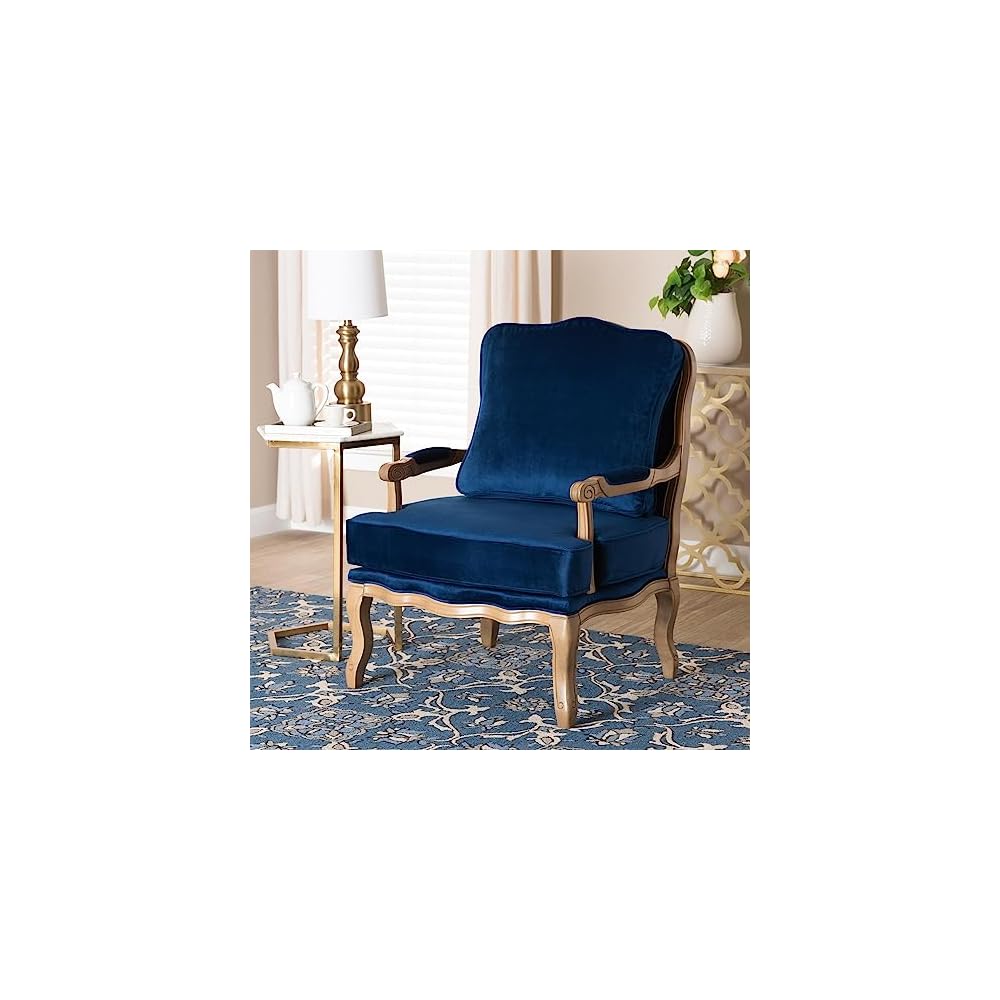 Baxton Studio Jules Traditional Navy Blue Fabric and French Oak Brown Finished Wood Accent Chair