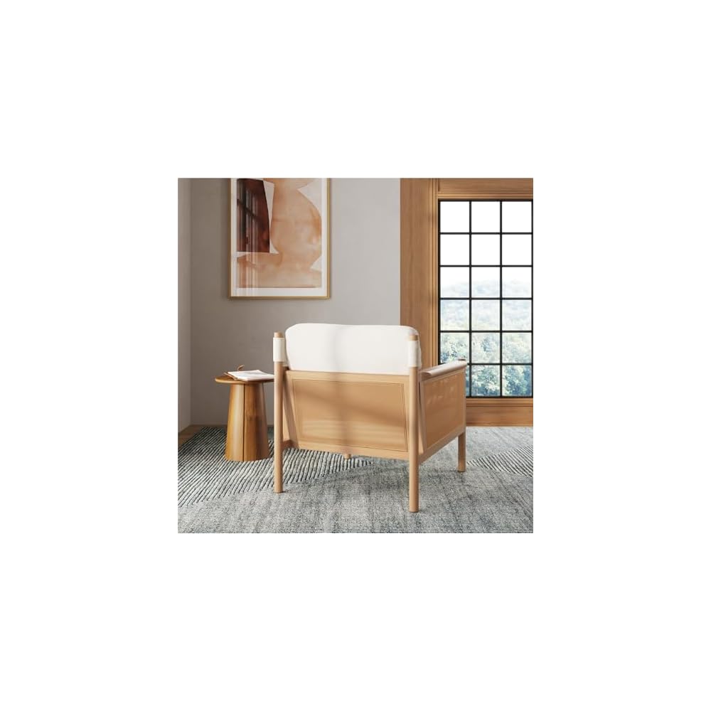 Nathan James Hemming Upholstered Armchair, Solid Wood Accent Chair with Boucle Upholstery and Faux Rattan Arm Inlay, Cream/Raw Oak