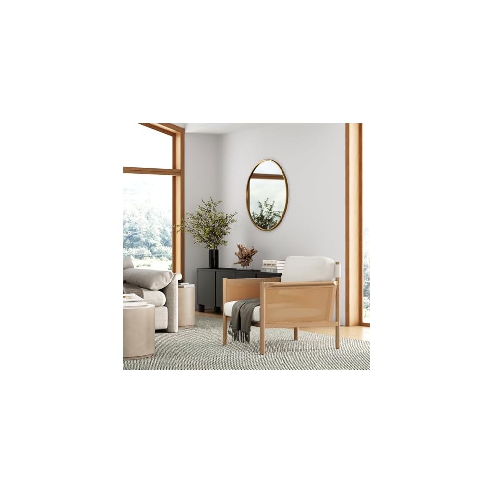 Nathan James Hemming Upholstered Armchair, Solid Wood Accent Chair with Boucle Upholstery and Faux Rattan Arm Inlay, Cream/Raw Oak