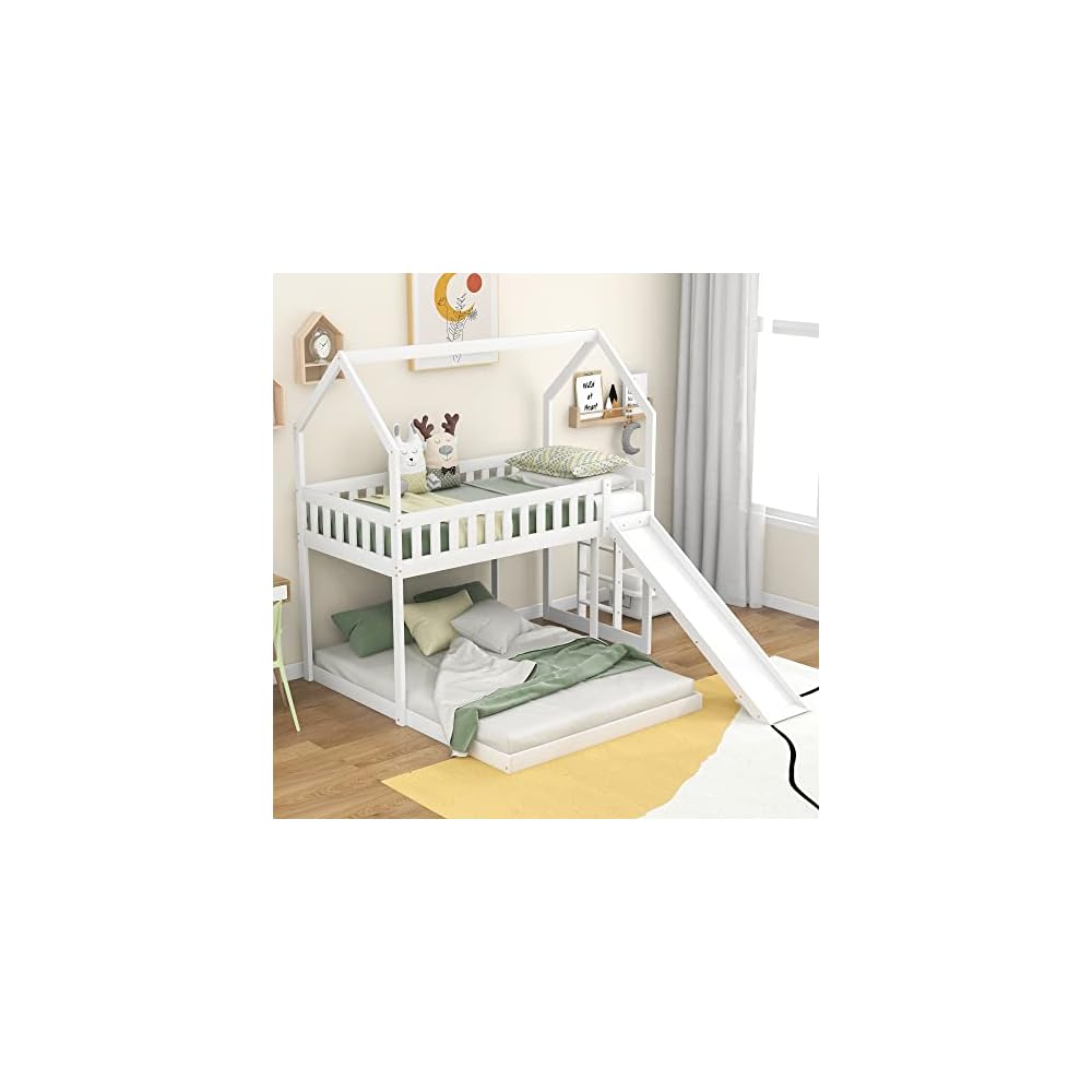 Merax Twin Over Full House Bunk Bed with Slide and Built-in Ladder,Full-Length Guardrail,White