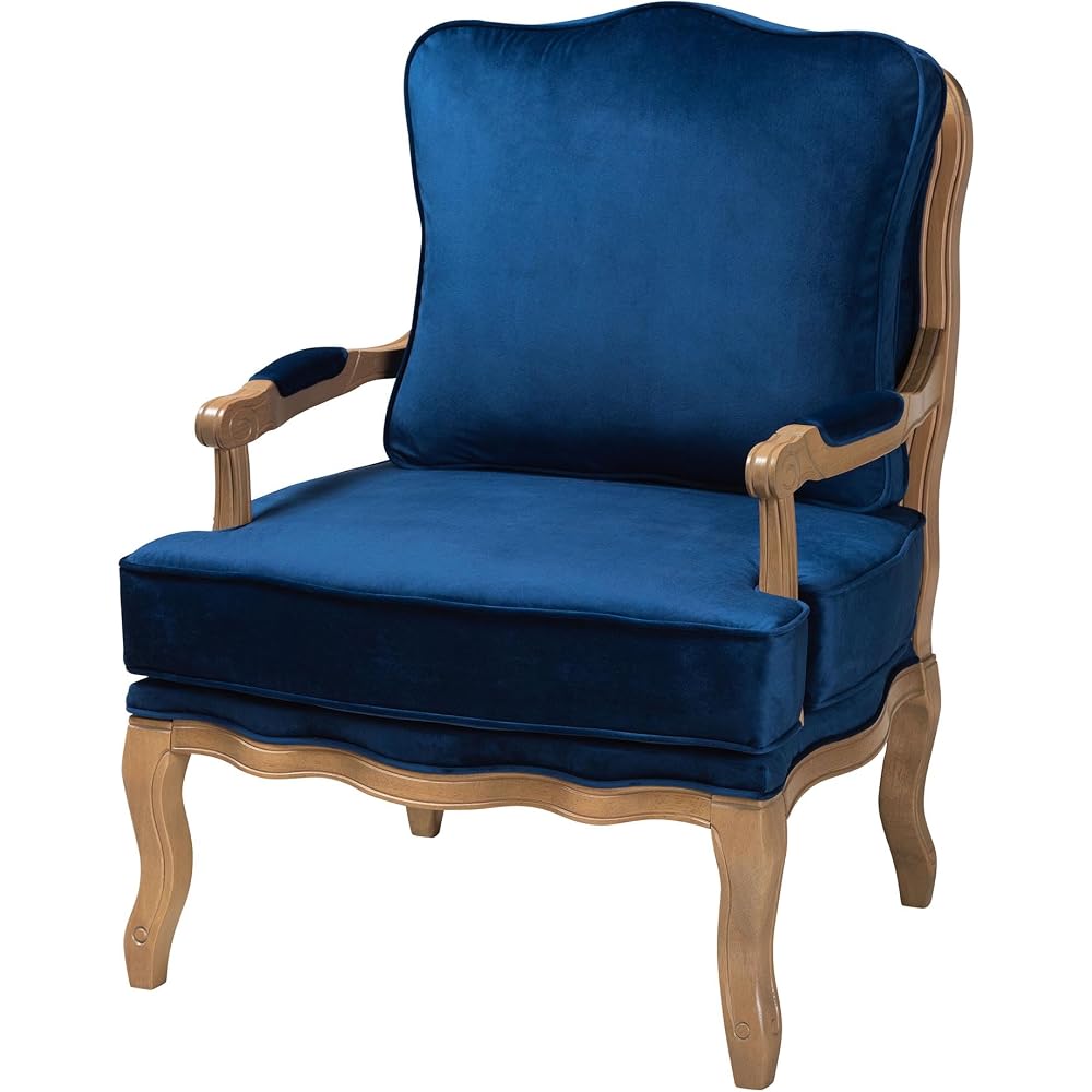 Baxton Studio Jules Traditional Navy Blue Fabric and French Oak Brown Finished Wood Accent Chair