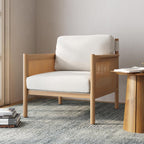 Nathan James Hemming Upholstered Armchair, Solid Wood Accent Chair with Boucle Upholstery and Faux Rattan Arm Inlay, Cream/Raw Oak