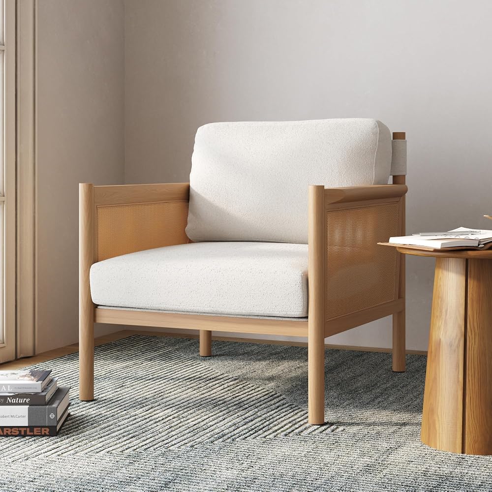 Nathan James Hemming Upholstered Armchair, Solid Wood Accent Chair with Boucle Upholstery and Faux Rattan Arm Inlay, Cream/Raw Oak