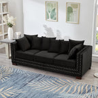 Antetek 3 Seater Couch with Storage, 84.5-inch Chesterfield Mid Century Vintage Velvet Fabric Deep Seat Comfy Sofa Couch with 8 Throw Pillows, Nailhead Trim for Living Room Bedroom Office, Black