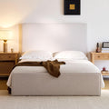 Queen Size Upholstered Bed Frame, 52" High Headboard Bedframe, Lucas Tall Headboard Floor Platform Beds, No Box Spring Needed No Noise/Minimalist, Textured Lvory Canvas Chenille